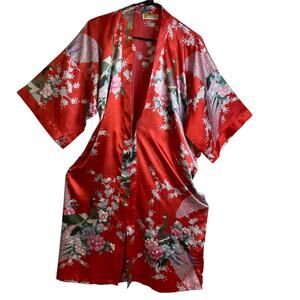 Oriental Village Silk Collection Robe Red Floral Red Multi Peacock *no belt